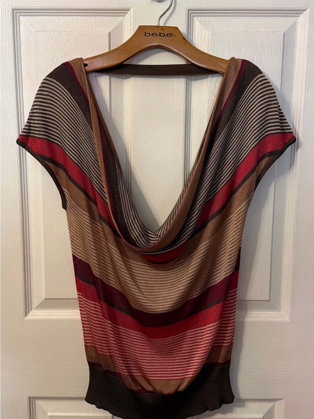 bebe Striped Knit Cowl Neck Top in Red, Brown & Cream